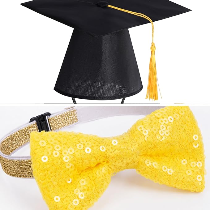 Pet Graduation Cap and Bowtie Set, Adjustable Dog Cat Graduation Hat with Gold Sequin Bowtie for Graduation Party Costume Accessory