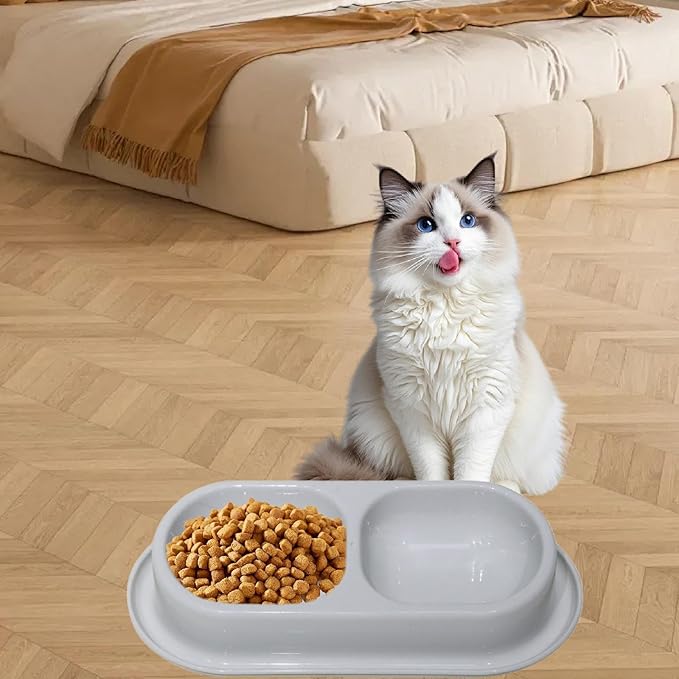 Cat Feed Bowl Drinking Feeding Dish Function Nonslip PP Material Easy to Clean Suitable for Cats Dogs, Light Gray