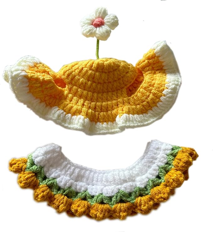Cute Flower Cat Hat Crochet Collar, Birthday Party Kitten Costume for Puppy, Pet and Small Animals(Yellow, Medium)
