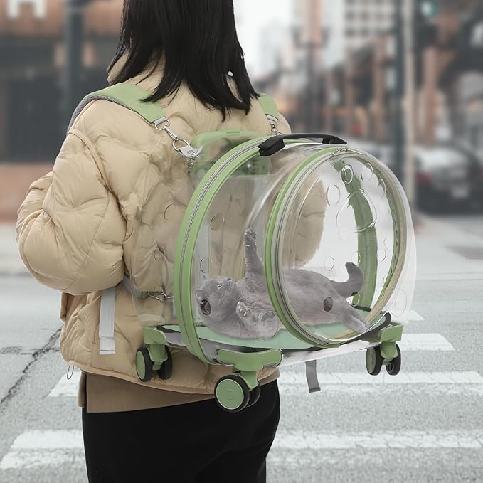 Cat Backpack Carrier, 17.7in Transparent & Fully Breathable Dog/Cat Carrier with Rolling Wheels + Telescopic Handle, Applicable Cat Weight 20 Lbs for Traveling, Taking A Walk. (Green)