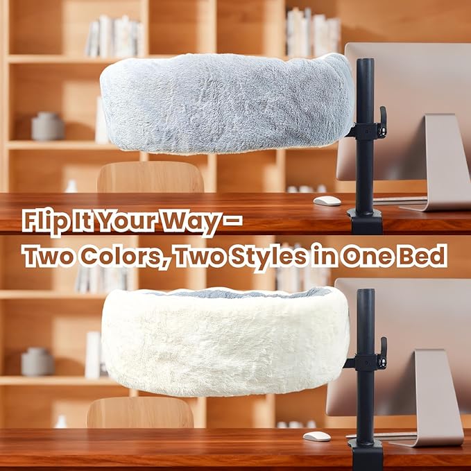 19" Extra Large Cat Desk Bed,One-Button Easy Lift & Rotate,Extra Thick Cushion,Reversible Two-Tone,Super Soft Plush Faux Fur Pet Bed,Machine Washable Bed,desk bed for large cats(Light Grey Duo)