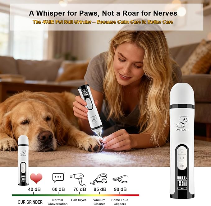 Silent Groom Pro, Dog Nail Grinder with LED Light, 3-Speed 7000-9000 RPM, 4 Diamond Bits & Adjustable Guard, Quick Blood Vessel Viewer, Safe Grinding for Dogs, Cats
