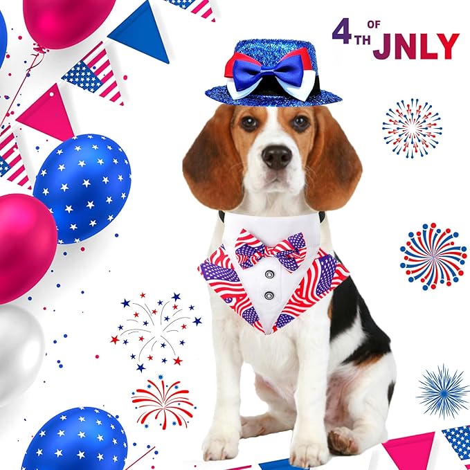 Dog Independence Day Costume 2Pcs Tux Bandana Shiny Pet Top Hat American Flag Dog Tuxedo Triangle Bibs 4th July Scarf Patriotic Holidays Outfit Dog Collar with Bow tie for Small Medium Large (Medium)