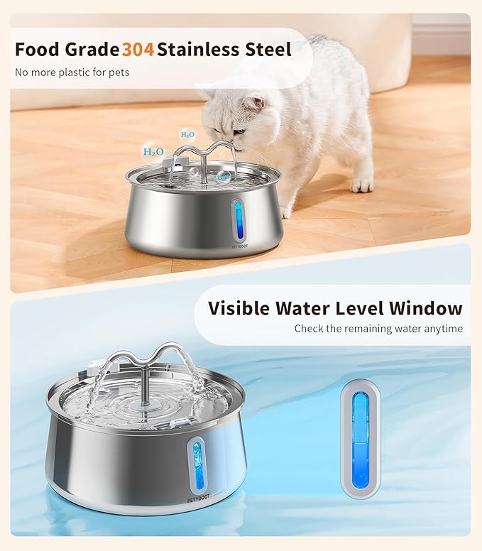 Cat Water Fountain Stainless Steel:135oz/4L Large Capacity Cat Fountain with Water Window, Pet Fountain for Cats Dogs Multiple Pets Drinking Water Bowl Ultra Quite Pump, Attached 2+2 Fliters