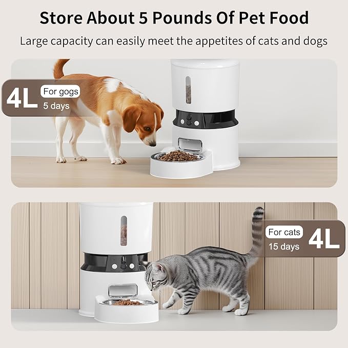 MIETUBL Automatic Cat Feeder with 2 Cameras 1080P HD with Night Vision Pet Food Dispenser Two-Way Voice and Audio Dog Smart WiFi Dog & Cat Feeder Programmable Schedule Slow Bowl White