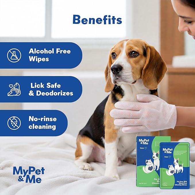 My Pet & Me Pet Glove Wipes for Dogs & Cats, Hypoallergenic No-Rinse Grooming with Olive & Jojoba Oil, Deodorizing Dog Bath Gloves & Lick-Safe Cat Wipes for Paws, Face, Ears, 6 Count Travel Pack