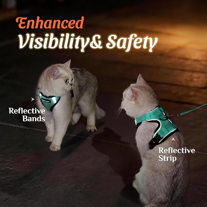 Dooradar Cat Harness and Leash Set, Escape Proof Soft with 3 Adjustable Buckles, Comfortable Vest Easy to Wear Kitten Harness with Reflective Strip, Safe for Outdoor Walking, Cyan Green, M
