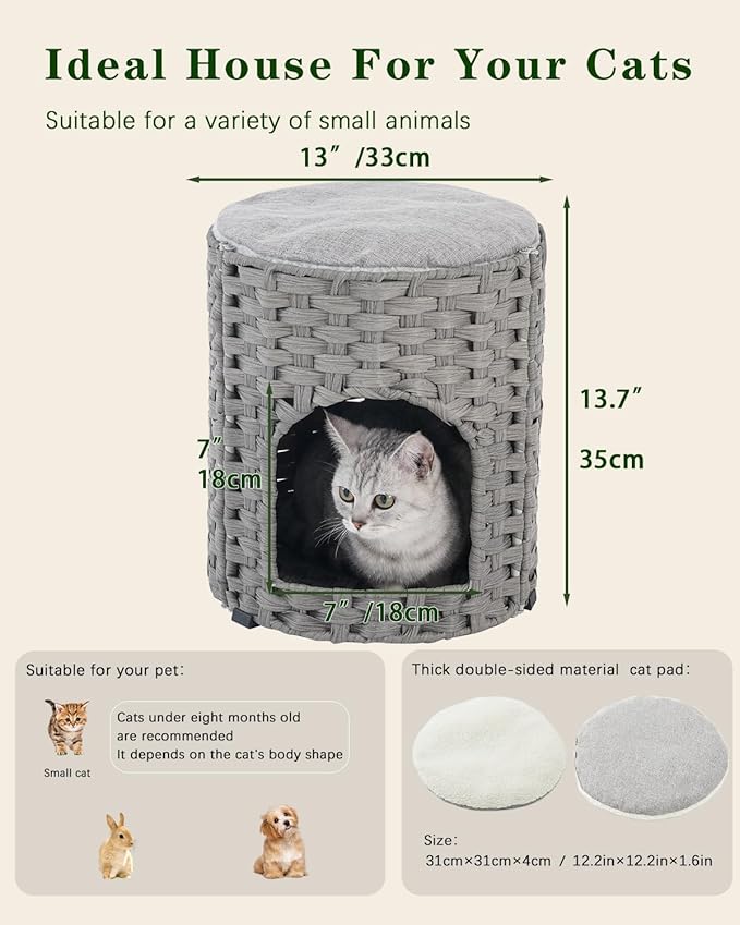SETVSON Cat House for Indoor Cat, Small Cat Houses Handwoven PE Rattan Kitten Cave, Pet Kitten Bed Covered, One Bed Pad, 13 x 13 x 13.7 Inches, Foldable Hideaway in Living Room Gray