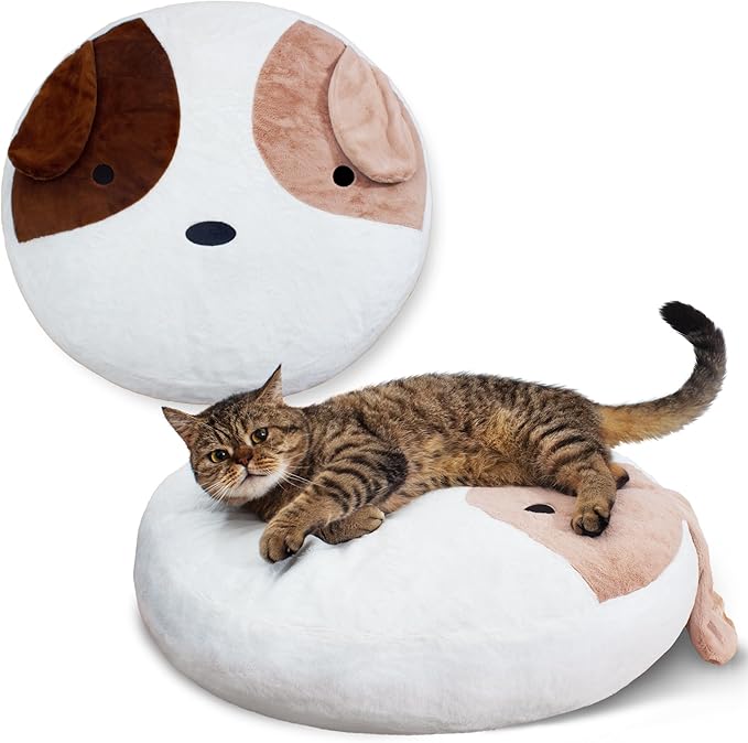 Cat Bed Donut 23.6 Inches Dog Beds for Indoor Calming, Round Pet Bed for Puppy and Kitten, Washable Cover, Anti Slip Bottom, Cute White, Medium