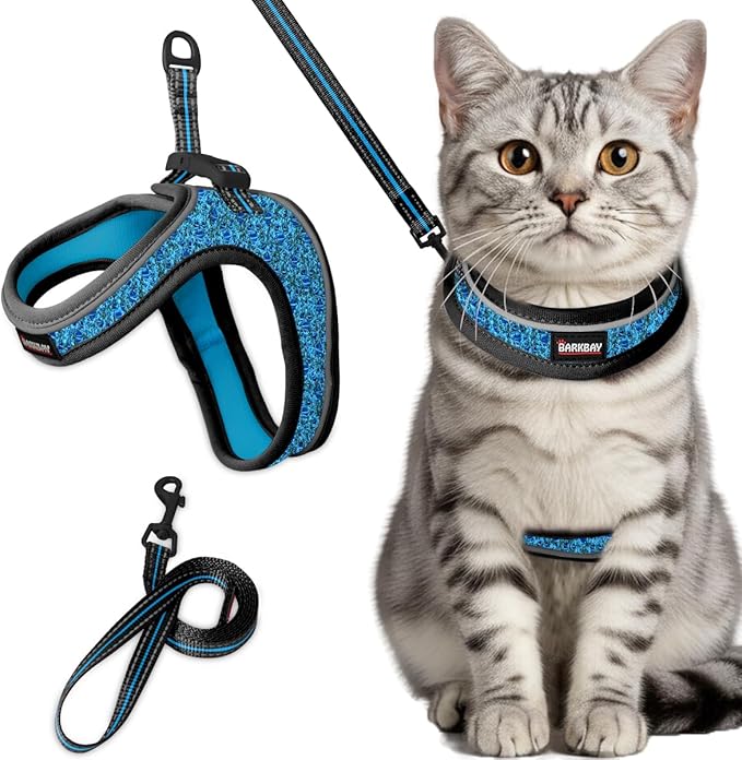 Cat Harness and Leash Set,Escape Proof Kitten Harness,Step in Adjustable Soft Lightweight,Easy Control,Reflective Strips Comfortable for Walking Travel(Blue/Black,S)