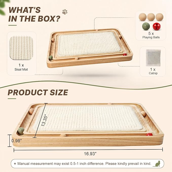 Cat Scratching Pad with Ball Track Toy Interactive Cat Scratcher Board with Rolling Balls Natural Wood Sisal Cat Scratch Pad for Indoor Cats