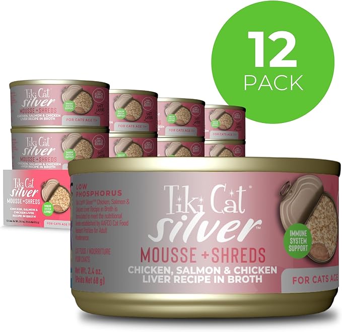 Tiki Cat Silver Wet Cat Food for Senior Cats, Chicken, Salmon & Chicken Liver Mousse & Shreds, 2.4 oz. Cans (12 Count)