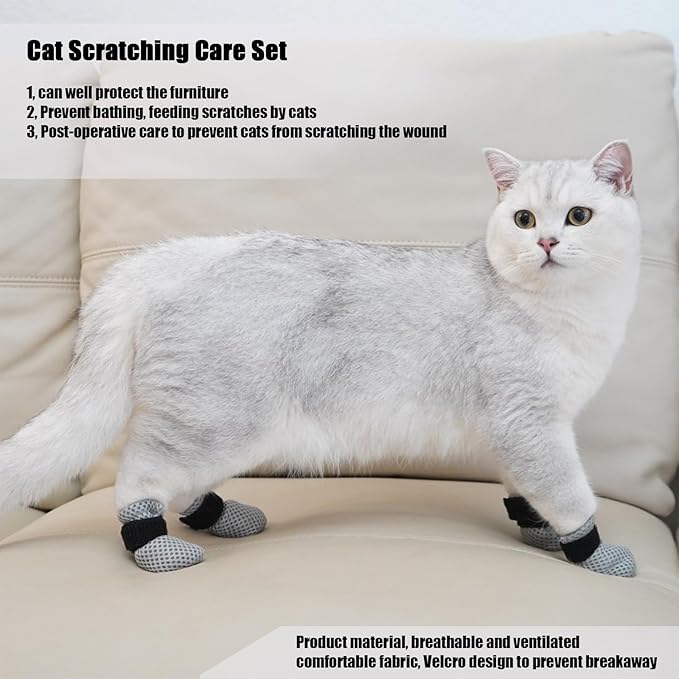 4Pcs Cat Scratch Cover for Nursing Rehabilitation Cat Boots Adjustable Pet Bath Gloves，Anti-Scratch Pet Grooming Booties for Bathing (Grey)
