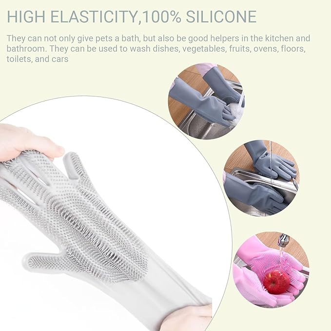 Dog Washing Gloves with Bristle Scrubbers,Pet Grooming Gloves,Massage Mitt with Enhanced Five Finger Design,Silicone Gloves for Dogs and Cats Bathing, Massage(Grey)