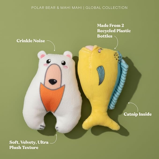 Cat Toys | Plush Mahi Mahi & Polar Bear Stuffed Animal for Cats, Value 2-Pack | Eco Friendly Interactive Cat Toys for Indoor Cats