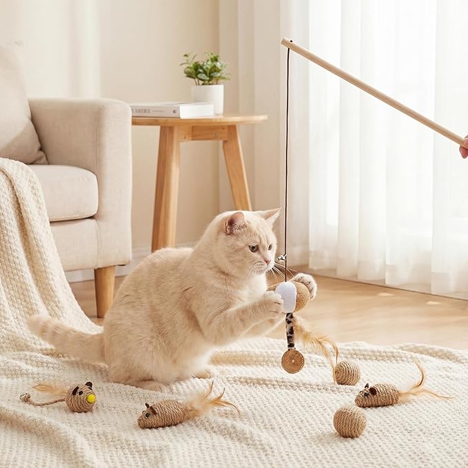 Leitee 16 Pcs Cat Interactive Toys Set Wooden Cats Teaser Wand Toy with Feather Handle Chew Rope Mouse Sisal Balls with Bells for Indoor Kitten Play Chase Exercise (Wooden Cat Wands Toys)