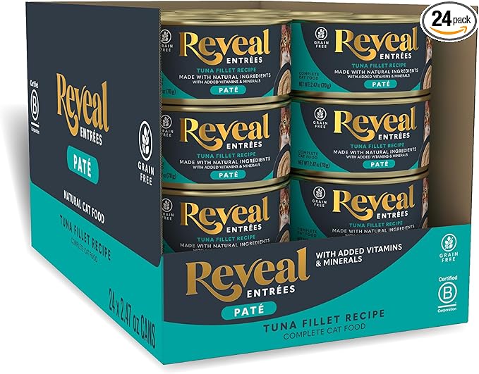 Reveal Entrées Natural Wet Cat Food Paté, Grain-Free with Added Vitamins & Minerals, Carrageenan-Free and High Protein, Tuna Fillet Paté Recipe (24 x 2.47 oz Cans)