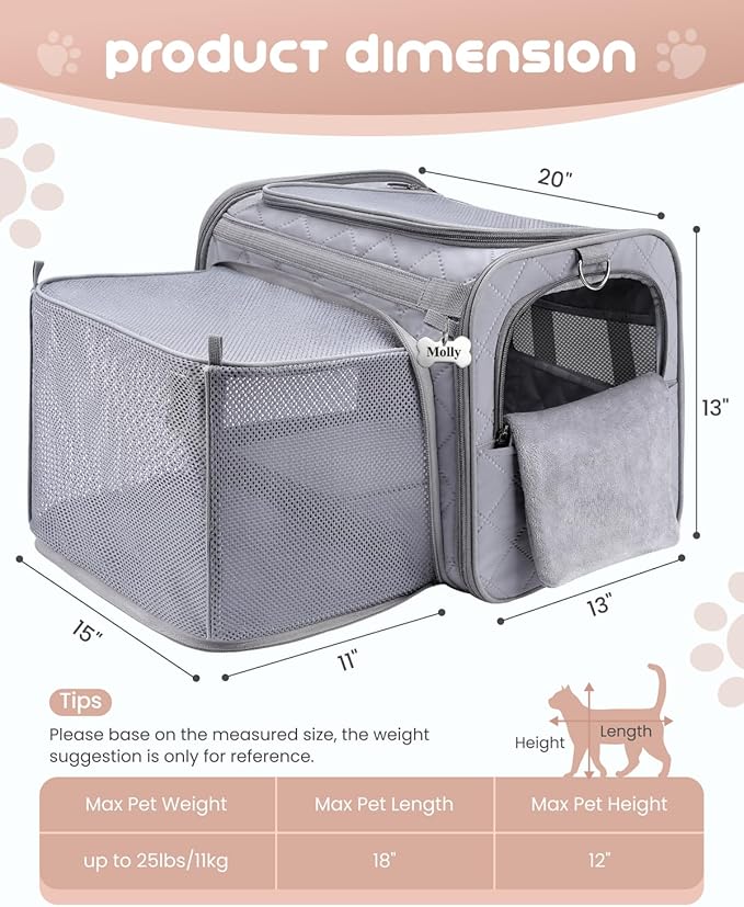 MIDOG Cat Carrier Soft for Small to Medium-Sized Cats,Up to 25 Lbs, Large Soft Sided Pet Carrier,Collapsible Travel Cat Carriy Bag(Beige,20 inch x 13 inch x 13 inch)