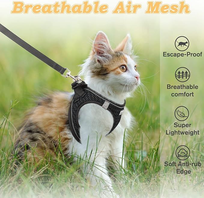 Cat Harness and Leash for Walking Escape Proof, Adjustable Kitten Vest Harness Reflective Soft Mesh Puppy Harness for Outdoor, Comfort Fit, Easy to Control (Black, XXS)