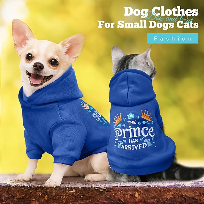 ABRRLO Small Dog Hoodie Clothes Cute Blue Prince Fleece Dog Sweater for Small Dogs Cats Boy Warm Puppy Sweatshirt with Leash D Ring Fall Winter XS Pet Doggy Outfit Chihuahua Yorkie Shihtzu(Blue,S)