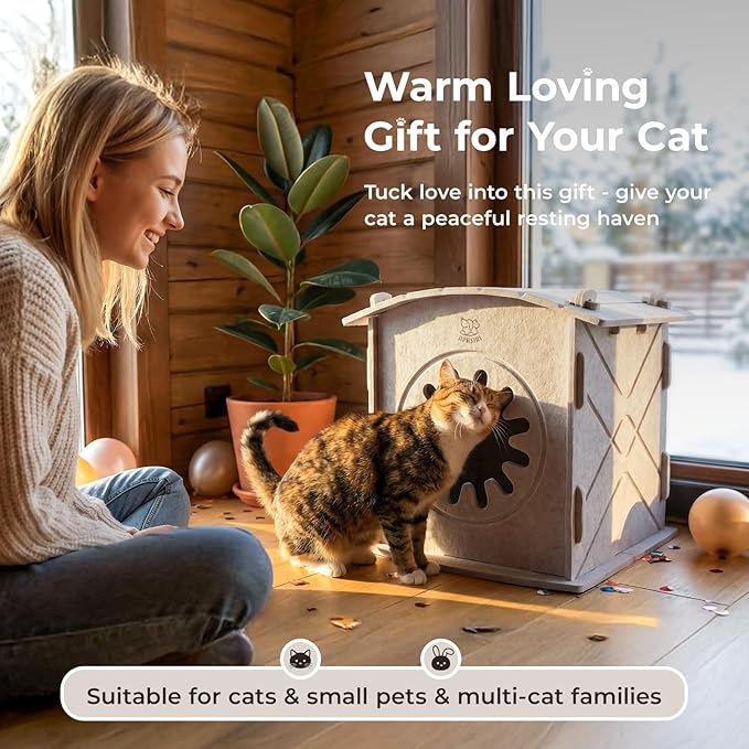 Cat Houses for Indoor Cats: Felt Cat House Cave Cathouse, Scratch-Resistant Warm Insulated Covered, Hideaway Tent for Anxiety Relief Gift