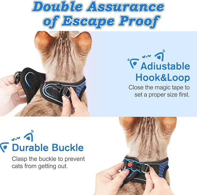 Cat Harness and Leash for Walking Escape Proof, Adjustable Kitten Vest Harness Reflective Soft Mesh Puppy Harness for Outdoor, Comfort Fit, Easy to Control (Blue, XS)