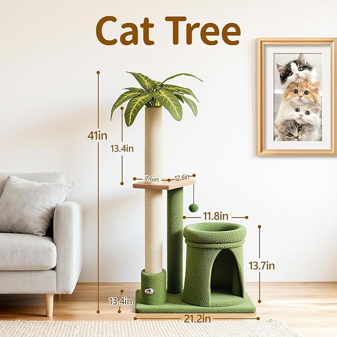 Cat Tree Tower Scratch Post Stand for Indoor, 41" Compact Palm Tree Kitten House Condo with Cozy Bed for Small Cats, Space Saving Design, Supports Climber Scratching Playing and Rest