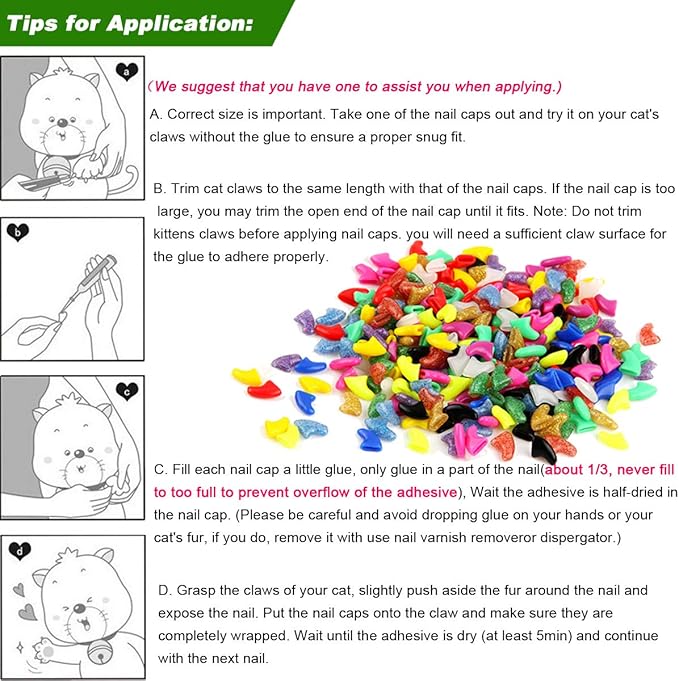 100pcs (10 Colors) Cat Nail Caps, Cat Claw Caps with Adhesive Glue and Applicators (M)