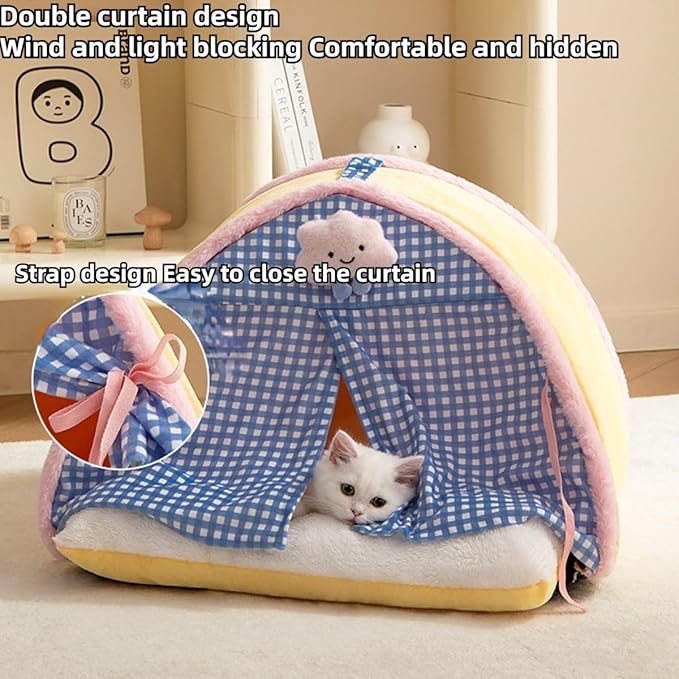 Cat House, Cat Beds for Indoor Cats, Cat Tent with Curtain Design for Winter, Cat Bed with Removable and Washable Cushion (Small)