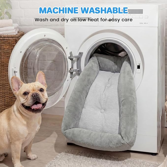 Washable Dog Bed for Large Dogs—Removable Inner Cushion & Reversible Design (Ice Silk Cooling Layer|Sherpa Fleece Layer), Non‑Slip Bottom Dog Beds for Crate, Medium, Small Dogs, Grey (24" X 15")
