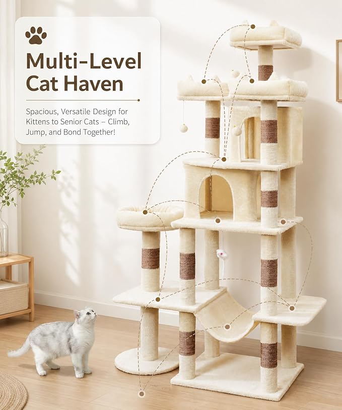 Heavy Duty Cat Tree for Indoor Cat, 71 Inch Large Cat Tower with Scratching Post and Top Perch, Hammock, Big Cat Condo for Adult Cats Kittens, PMT03BW, Beige