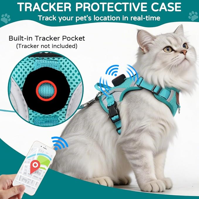 Cat Harness and Leash Set with Holder Compatible with AirTag, Escape Proof Kitten Harness with Lead for Large Adult Cats, Soft Mesh Puppy Reflective Adjustable Jacket Vest for Walking, Green, M