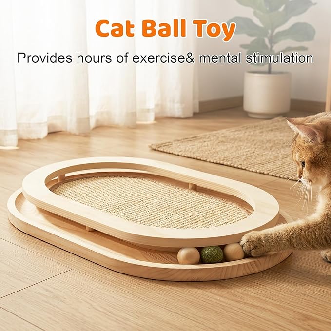 Cat Scratcher, Natural Sisal Cat Scratcher Pad & Interactive Kitten Toy with Ball Track and Catnip Ball for Indoor Hunting, Sleeping Physical Exercise, Puzzle for Small to Large Cats