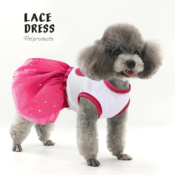 Idepet Spring Summer Pet Dog Cat Puppy Tutu Princess Dress Heart Printed Lace Dog Skirt Pet Apparel Dog Dress (Rose Red, L)
