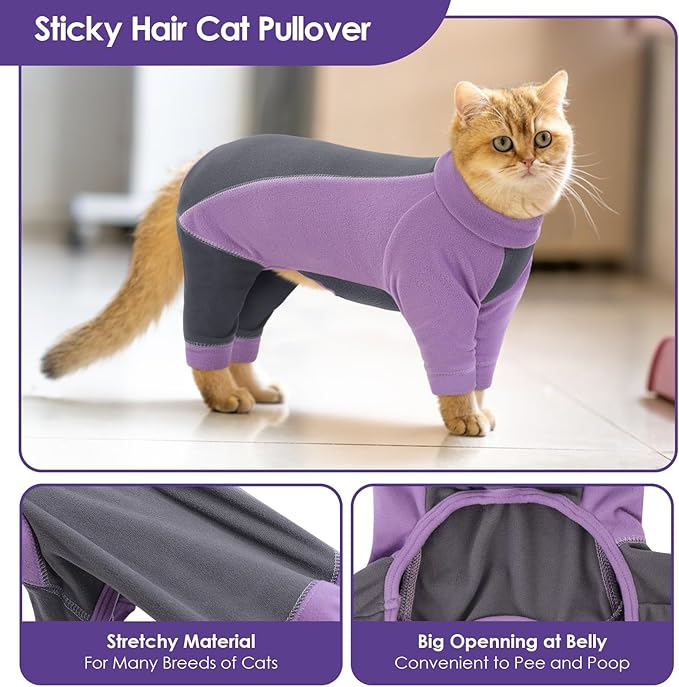 Hair Sticky Cat Clothes, Cat Sweater for Cats Only, 4-Legged Fleece Sweaters Kitten Pajamas Reduce Shedding Fur, Warm Pullover Shirts for Cats, Purple XL