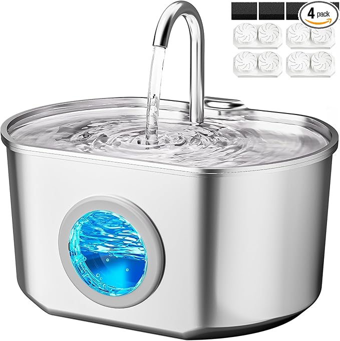 Cat Water Fountain Stainless Steel: 74oz/2.2L Cat Fountain for Drinking- Pet Water Fountain Inside - Automatic Dog Watering Dispenser Bowl - Pet Feeding & Watering Supplies (4 Filters)