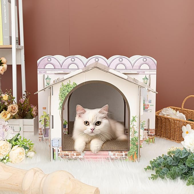 Lineshading 2 Story Cardboard Cat House with Scratcher Pad, Multi Level Durable Cat Scratcher House for Small Kitten Bunny Rabbit Animals Christmas Birthday Gift(17x12x10,Cottage)