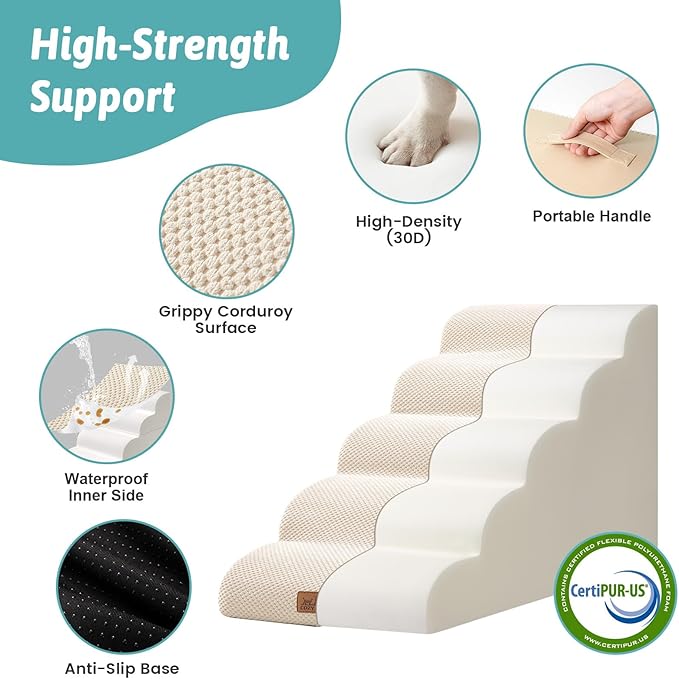 COZY KISS Dog Stairs for Small Dogs 19.7"H, 5-Step Sturdy Foam Dog Steps for Couch, Bed or Sofa, Curved Pet Stairs for Puppy and Older Cat, Doggie Ladder with Washable Cover, 15.7x33x19.7 inch, Beige