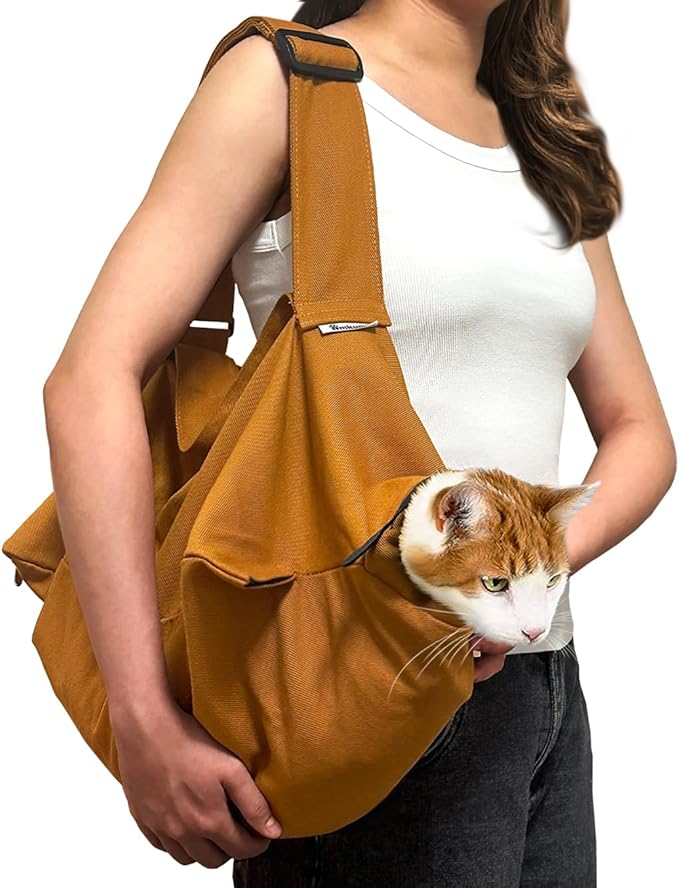 Cat Carrier Pouch for Medium Cats 10–20 lbs, Soft Cat Carrier with Upgraded Adjustable Strap, Durable Cotton Cat Bag for Nail Trimming, Medication & Vet Visits – Caramel