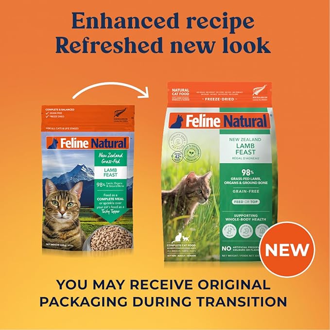 Feline Natural High Protein Dry Cat Food, Freeze-Dried Diet with 98% Meat, Organs & Seafood, No Peas, Grains, or Artificial Additives, Made in New Zealand, Lamb, 11oz