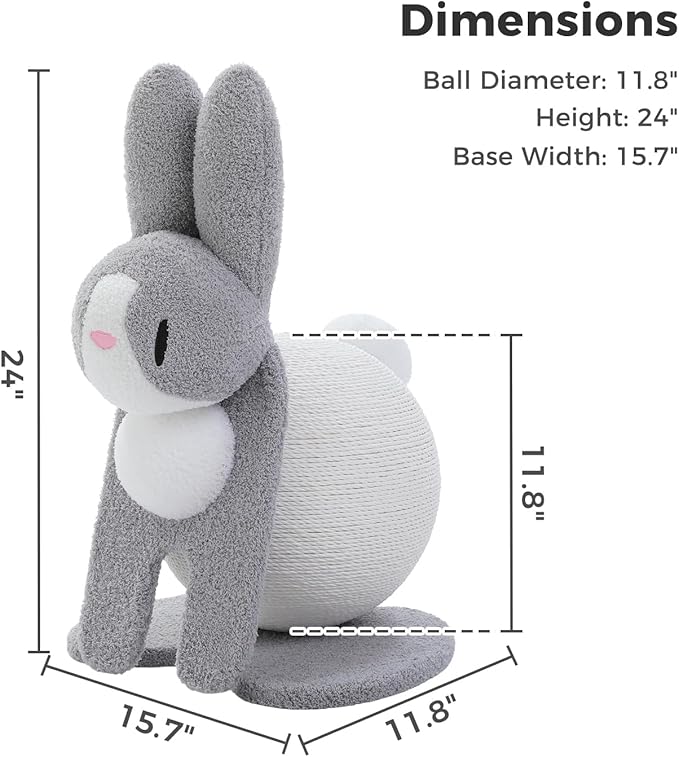 MUTTROS Cute Cat Scratcher- Bunny Style, Cat Scratching Post with Paper Rope, Extra Large Cat Scratch Ball (Ø11.8) for Indoor Kitten, Rabbit Scratch Ball for Kitty to Climb & Play, Gray