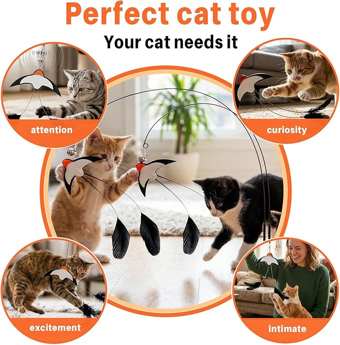 Walfront Interactive Cat Wand Toy with Strong Suction Cup Base, Bird Teaser with Bells, Triggers Hunting Instinct, Includes 2 Wands and 2 Replacement Birds, 35.4 Inch Wand for Indoor Cats
