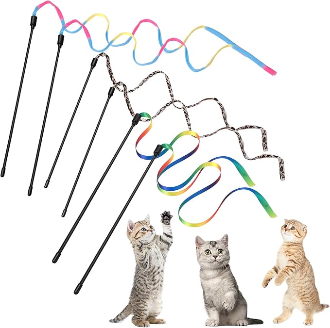 Cobee 6 Pack Cat Wand Toy Set, 30cm Cat Interactive Wand with Rainbow Ribbon String + Leopard Print Cloth String for Kitten Training & Exerciser