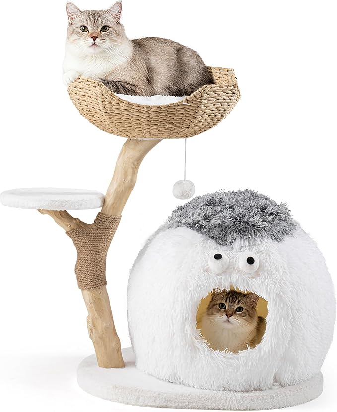 AQUILLA 30.7" Cute Cat Tree Tower for Indoor Cats, Fluffy Cat Condo with Seagrass Basket Bed, Furry Ball House, Sisal Scratching Posts & Stable Base, Beige