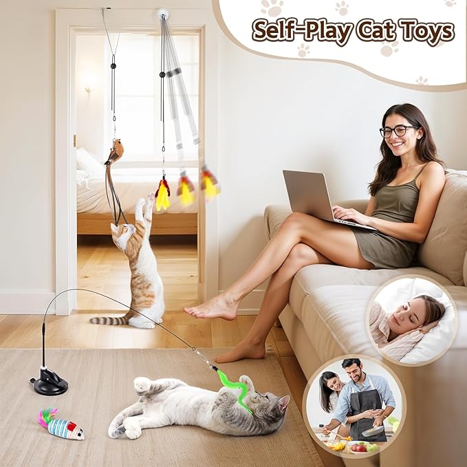 Interactive Bird Simulation Cat Toys，4 in 1 Cat Toys for Indoor Cats, 4 Replacement Birds，Hanging Door Kitten Wand with Suction Cup Removable Feathers Balls Mice Butterfly Streamers