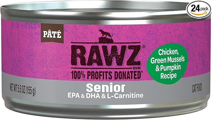 Rawz Natural Premium Pate Canned Cat Wet Food - Made with Real Meat Ingredients No BPA or Gums - 5.5oz Cans 24 Count (Chicken & Green Mussels for Seniors)