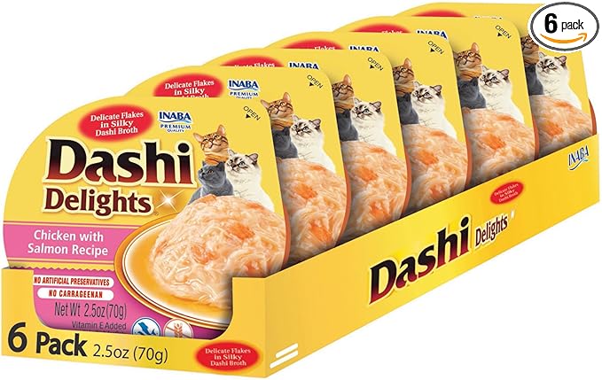 INABA Dashi Delights for Cats, Shredded Chicken Side Dish with Bonito Flake Broth, Cat Food Complement with Taurine & Green Tea Extract, 2.5 Ounce Cup, 6 Cups Total, Chicken with Salmon Recipe