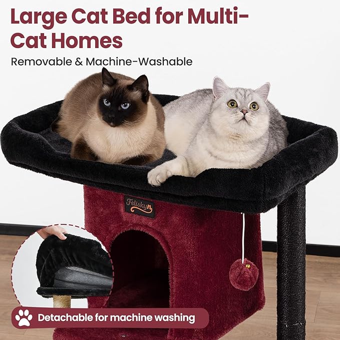 Cat Tree Tower Scratching Post for Indoor Large Cats, Small Cat Tree with Big Perch Bed, 28in Tall Trees House with Condo Cave, Toy Balls, Modern Climbing Furniture Platform for Kitten (Black)