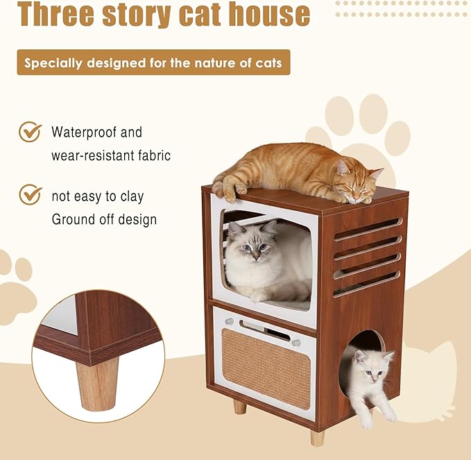 Generic Two-Tier Indoor Cat Activity Center with Scratching Board Vintage TV Shaped Cat Furniture Retro TV-Style for Living Room Bedroom Decoration