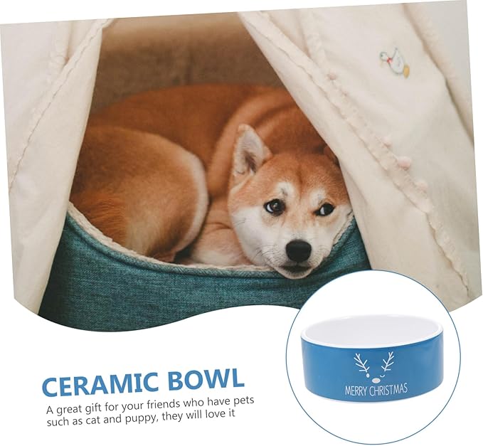 GALPADA Christmas Ceramic Cat Bowl and Pet Food Dish, Blue Reindeer Design, Sturdy Ceramic Material, Suitable for Cat Feeding and Watering, Holiday Themed Pet Supply for Indoor Use